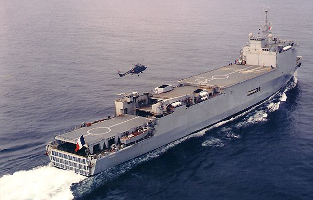 Helicopter coming in to land on a Foudre Class Landing Platform Docks vessel