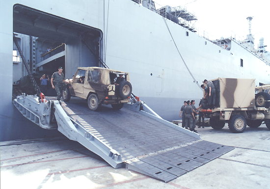 Military vehicle entering a LSD Foudre Class vessel