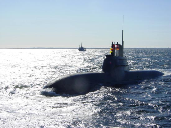 Image of a U212 attack submarine at sea
